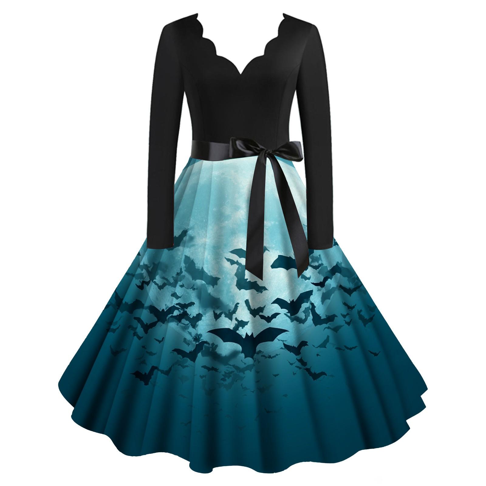 

Расклешенное платье с принтом Хэллоуина для женщин Платье с длинным рукавом Повседневные платья M