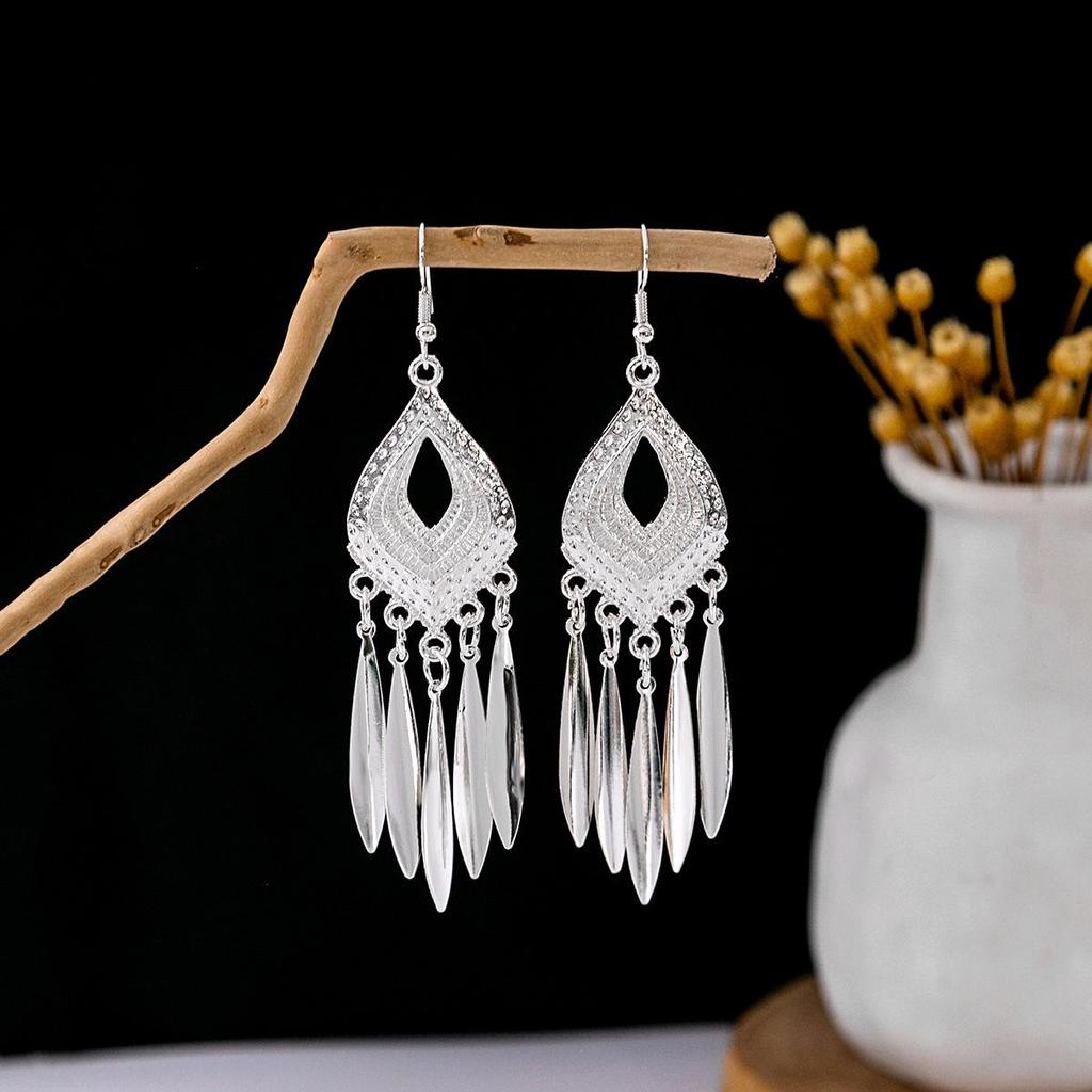 Miao Silver Tassel Dangle Earrings: Ethnic-Style Studs for Women