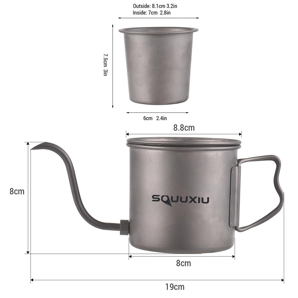 SOUUXIU Titan Kaffeekanne, 400ml, Schwanenhalsausguss, Klappgriff, Ultraleicht, Outdoor-freundlich, Tropfkessel, Geruchlos, mit Deckel