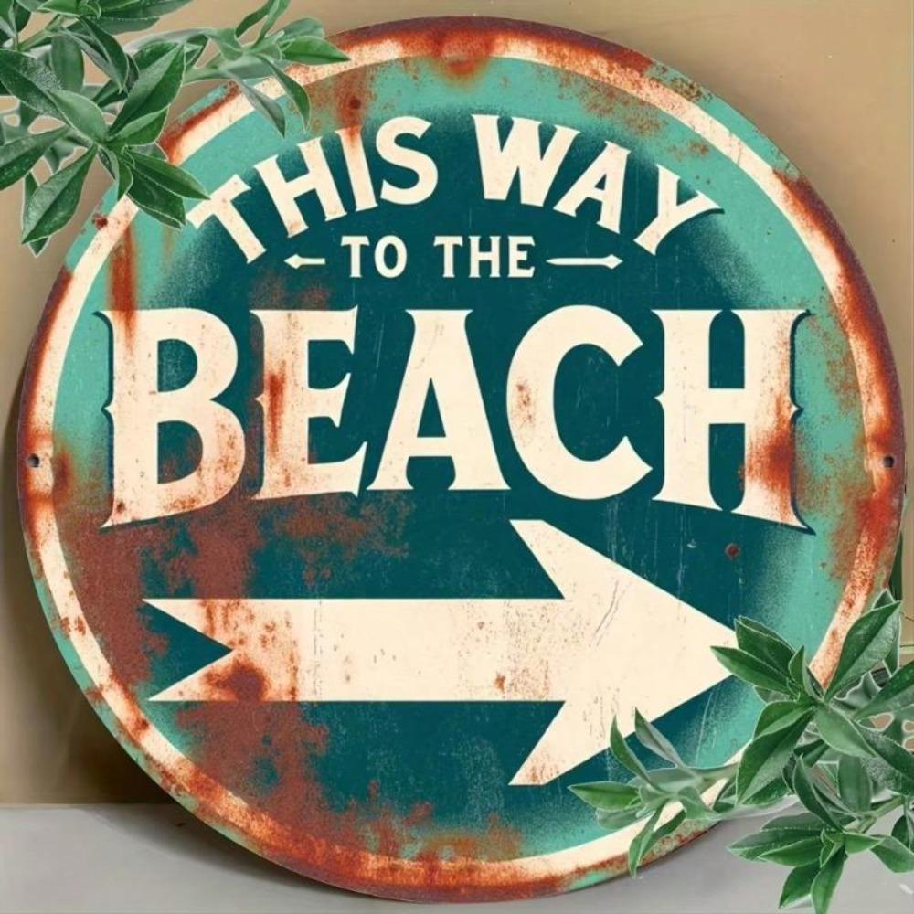 Vintage Beach Metal Wall Art Round 8x8 Inch Aluminum Sign Teal Red Rustic Home Decor