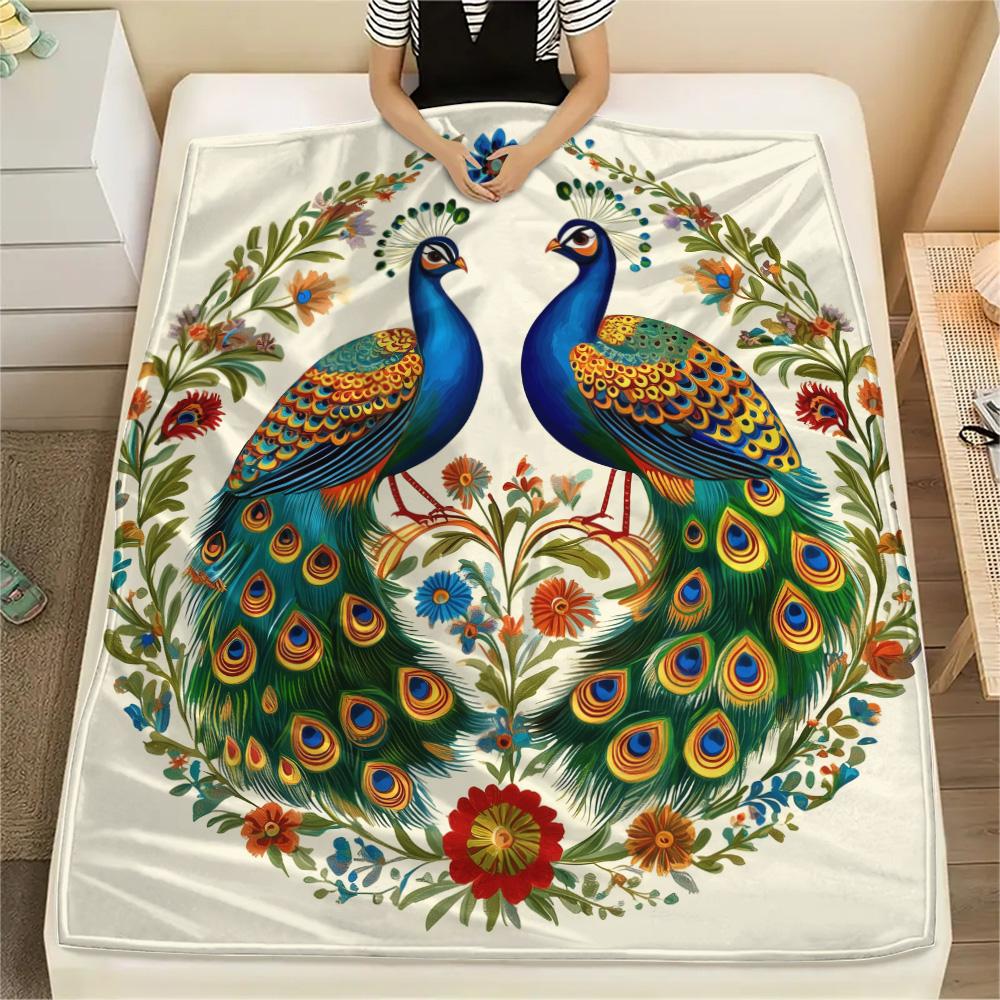 Leaf Peacock Print Flannel Blanket, High quality Comfortable for All Seasons, Home Decor, Warmth and Comfort 80cm x 120cm