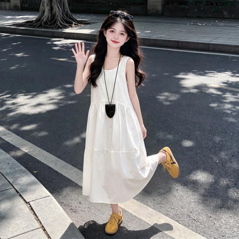 2026 Girls Stylish White Summer Tank Dress 120 cm