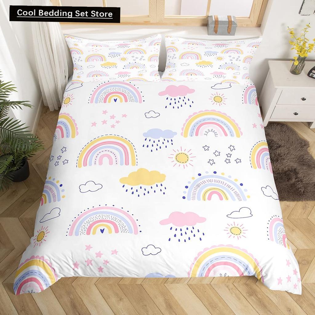 Cartoon Regenbogen König Königin Bettbezug Kinder Mädchen Bunte Wolken Bettwäsche Set Liebesherz Bettdeckenbezug Polyester Steppdeckenbezug