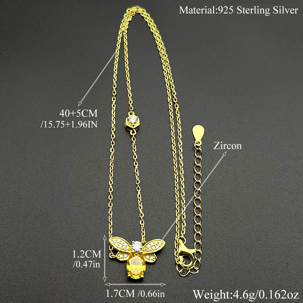 925 Sterling Silver Bee Yellow Full Zircons Pendant Necklace for Women Girl Gold Color Charms Choker Chain Statement Jewelry