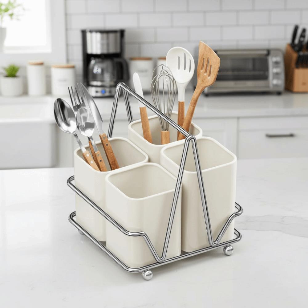 Carbon Steel Chopsticks Storage Box Large Capacity Space Saving Cutlery Storage Rack Countertop Type Detachable Utensil Holder