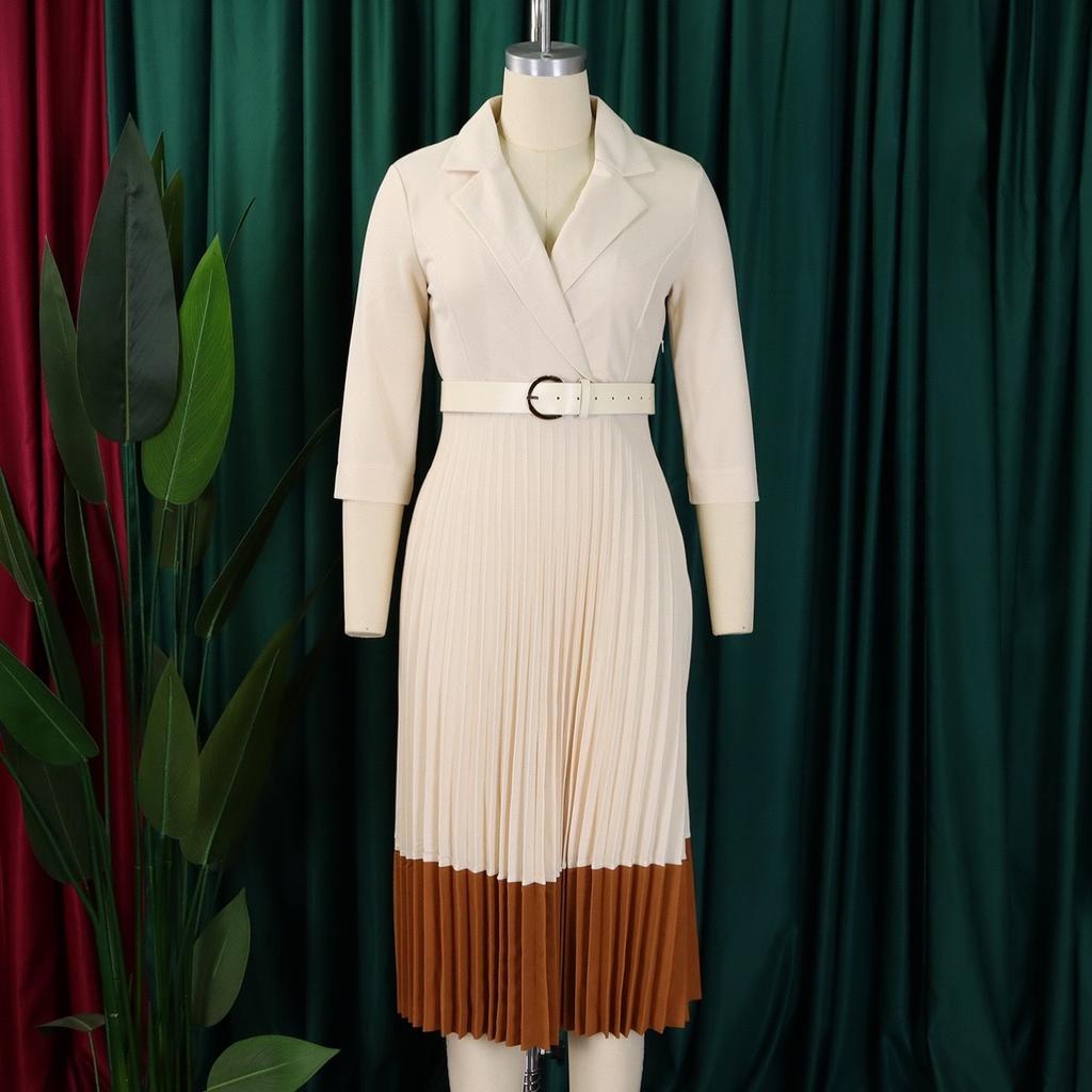Fashion Full Sleeve Notched Neck Solid High Waist Belt Dress Women Autumn OffiAe Lady Pleated Long Africa Midi Dresses