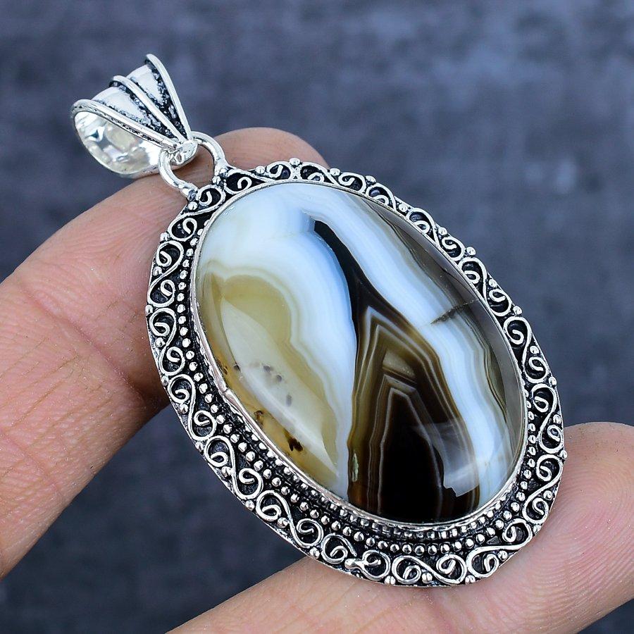 Natural Banded Agate Gemstone 925 Sterling Silver Jewelry Pendant 2.44" I2K92