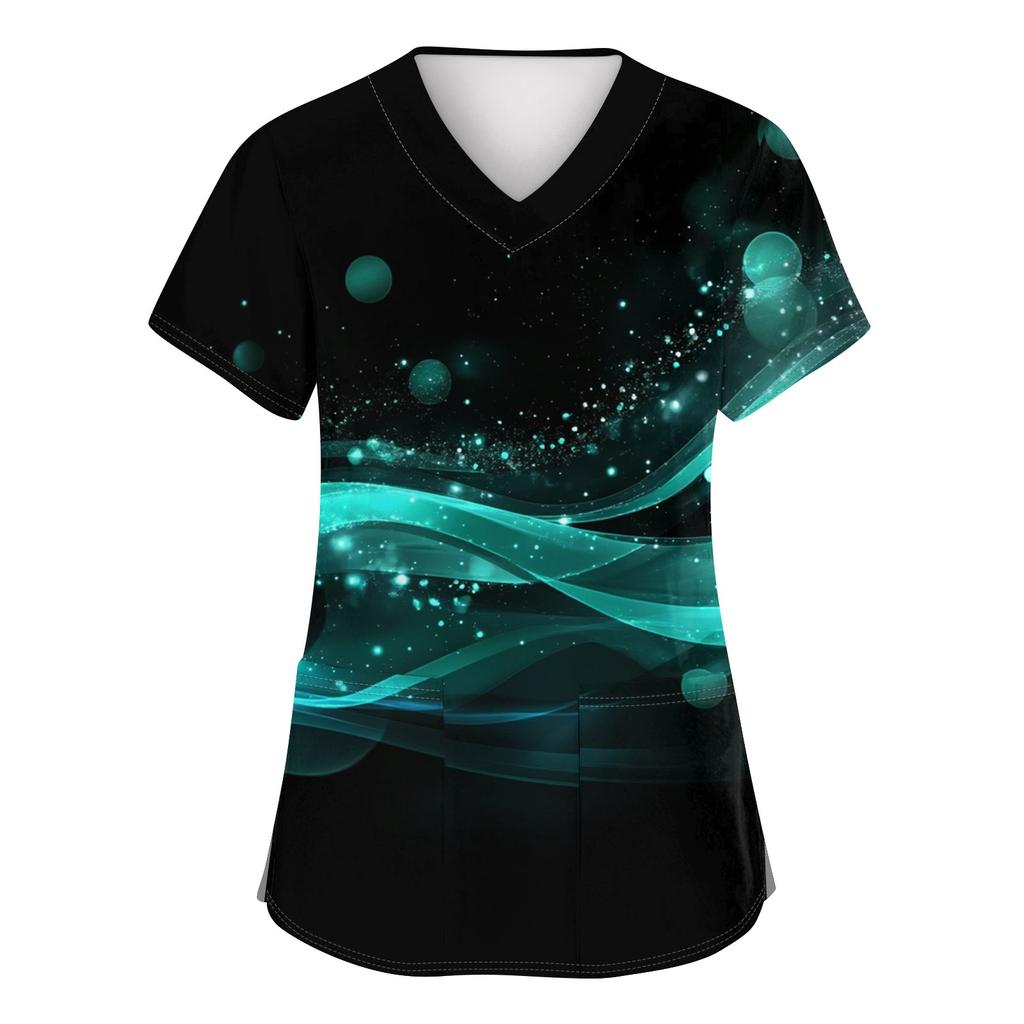 Damen Modisches bedrucktes kurzärmliges Oberteil mit V-Ausschnitt und kleiner Tasche für die Arbeit