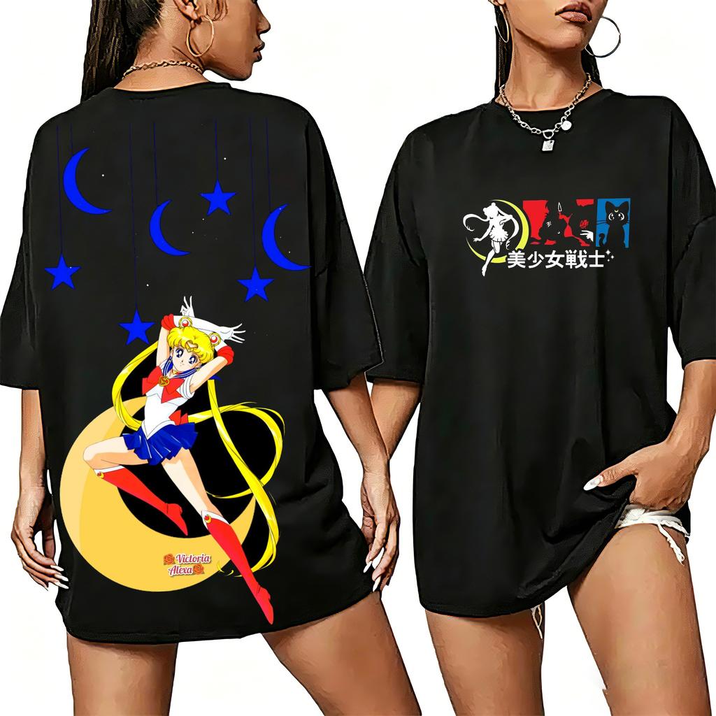 American Retro 2026 Cotton T-Shirt with Sailor Moon Print, Short Sleeve, Unisex, Urban Casual Style