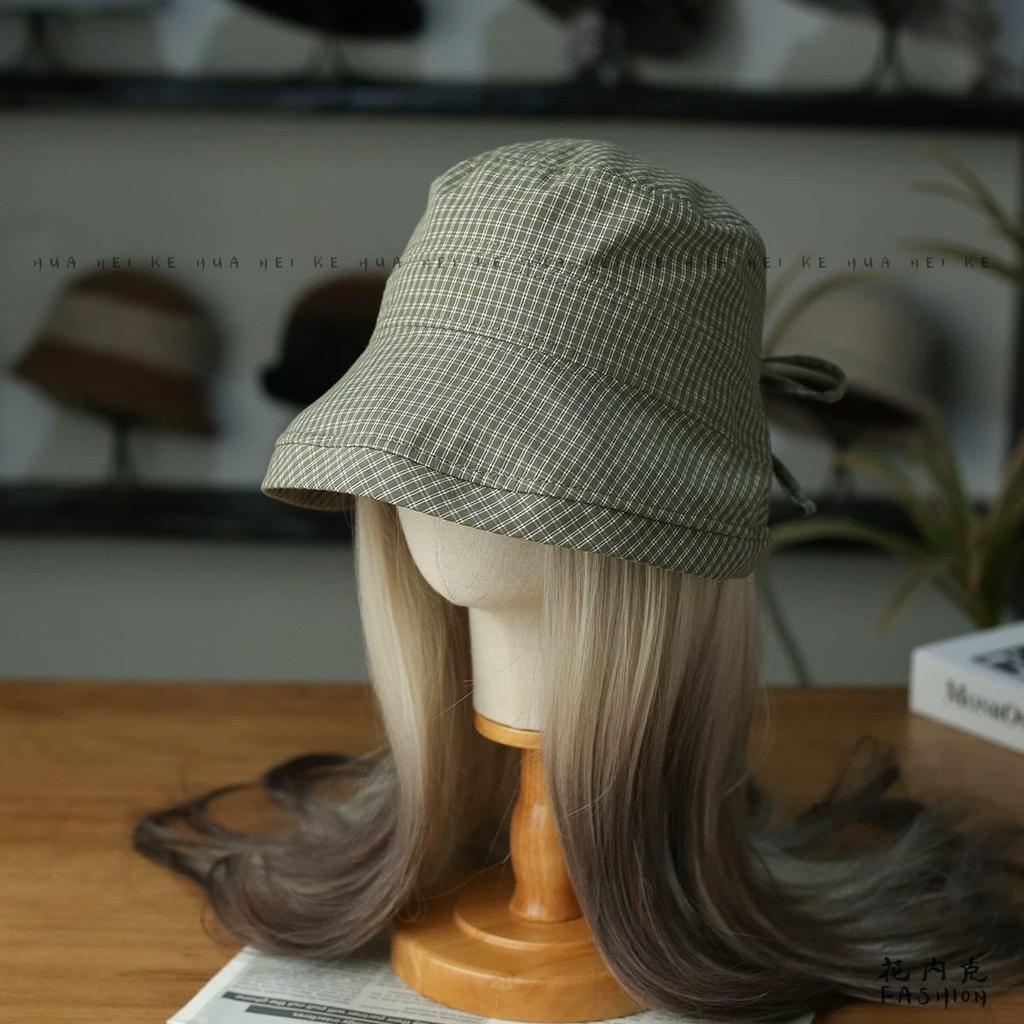 Women's Plaid Bucket Hat Curled Edge Summer New Bow Big Eaves Sunscreen Sun Hat Small Basin Hat