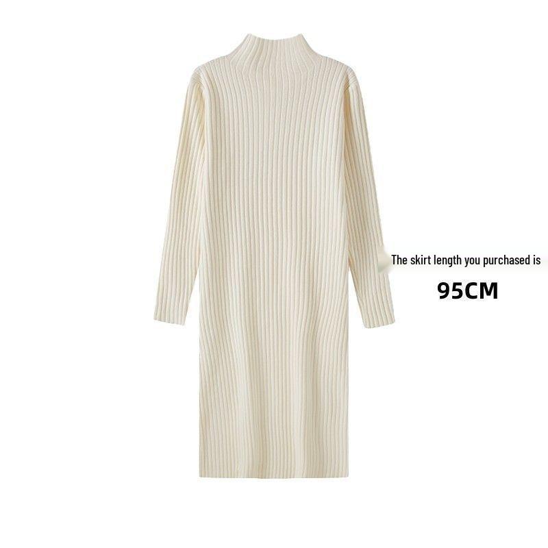 Women's Mid-Length Wool Knit Dress - Loose, Long Sleeve, Half-High Collar, Perfect for Layering Under Coats, Autumn & Winter Wear.