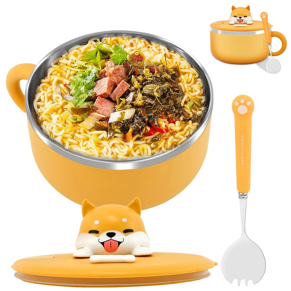 1200ml Stainless Steel Ramen Bowl with Lid, Heat-Resistant Instant Noodle Cooker, Double-Wall Tableware for Kitchen and Dining