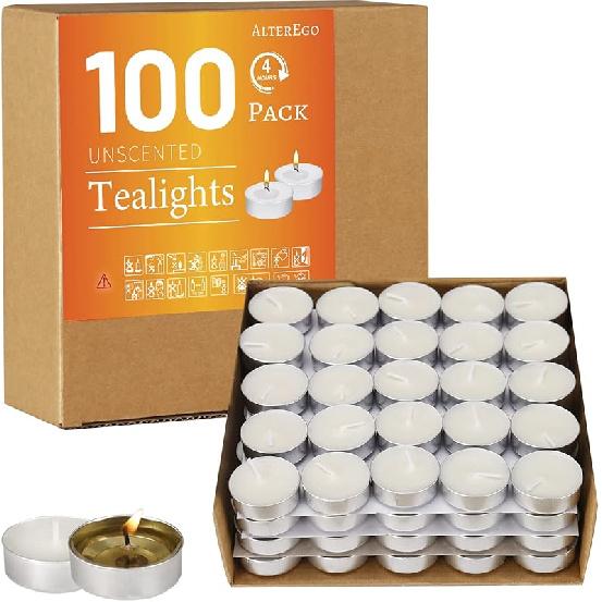 AlterEgo Unscented Tea Lights - 100 Pack Tealight Candles - 4+ Hour Burn Time - Clean-Burning White Palm Votive Smokeless Tealights Candles for Home, 100Pack