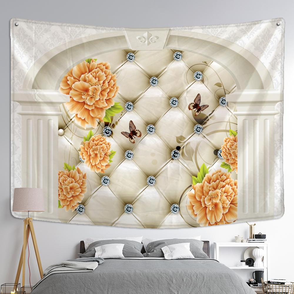 Tapiserie cu pene de păun agățat pe perete stil nordic boem, mister psihedelic, hippie, decor simplu pentru acasă