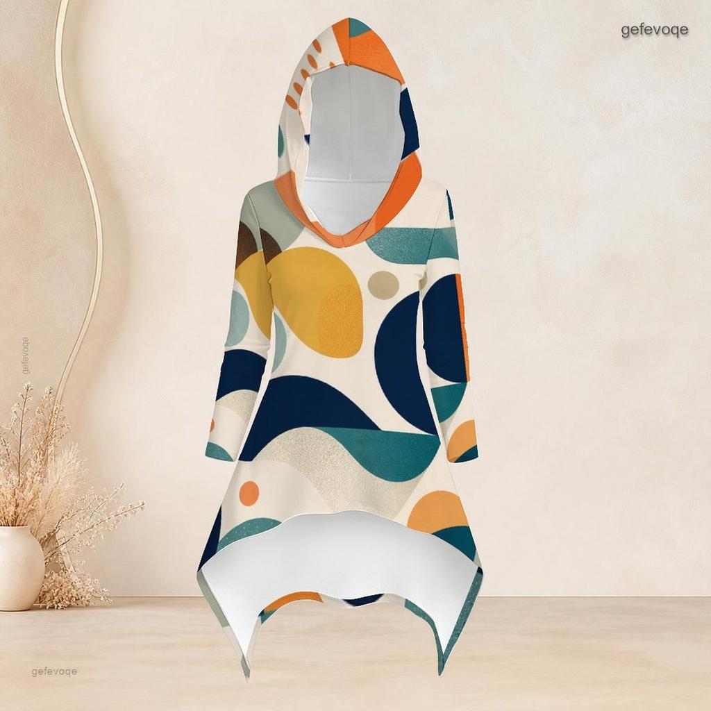 Women Plus Size Two Piece Set Hooded Long Sleeve Geometric Printed High Low Top Fitted Pants