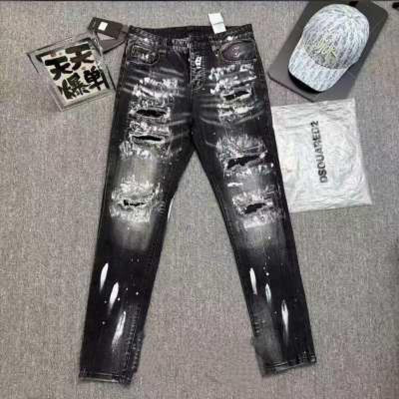 Mens Slim Fit Distressed Denim Jeans With Embroidered Patch Vintage Ink Wash Stretch Cotton Streetwear Style