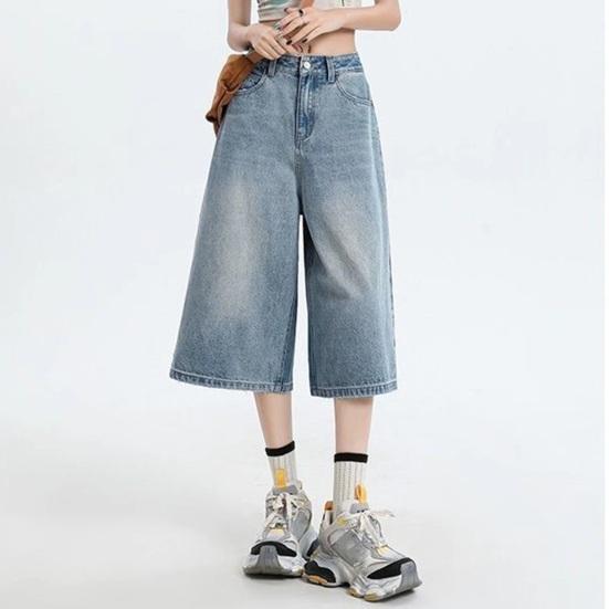 Yousheng Cropped Jeans for Women Wide Leg High Waisted Denim Pants Summer Casual Short Baggy Jeans with Pockets