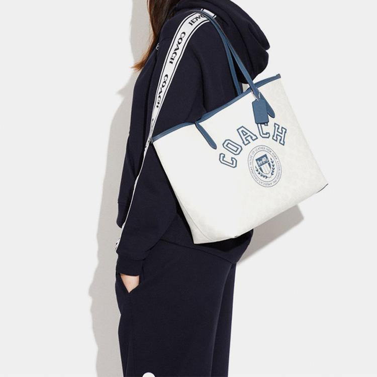 New COACH City Artificial Leather Tote Bag Shopping Bag Shoulder Bag Handbag Large Size Women's Chalk White & Indigo CB869-SVUOB