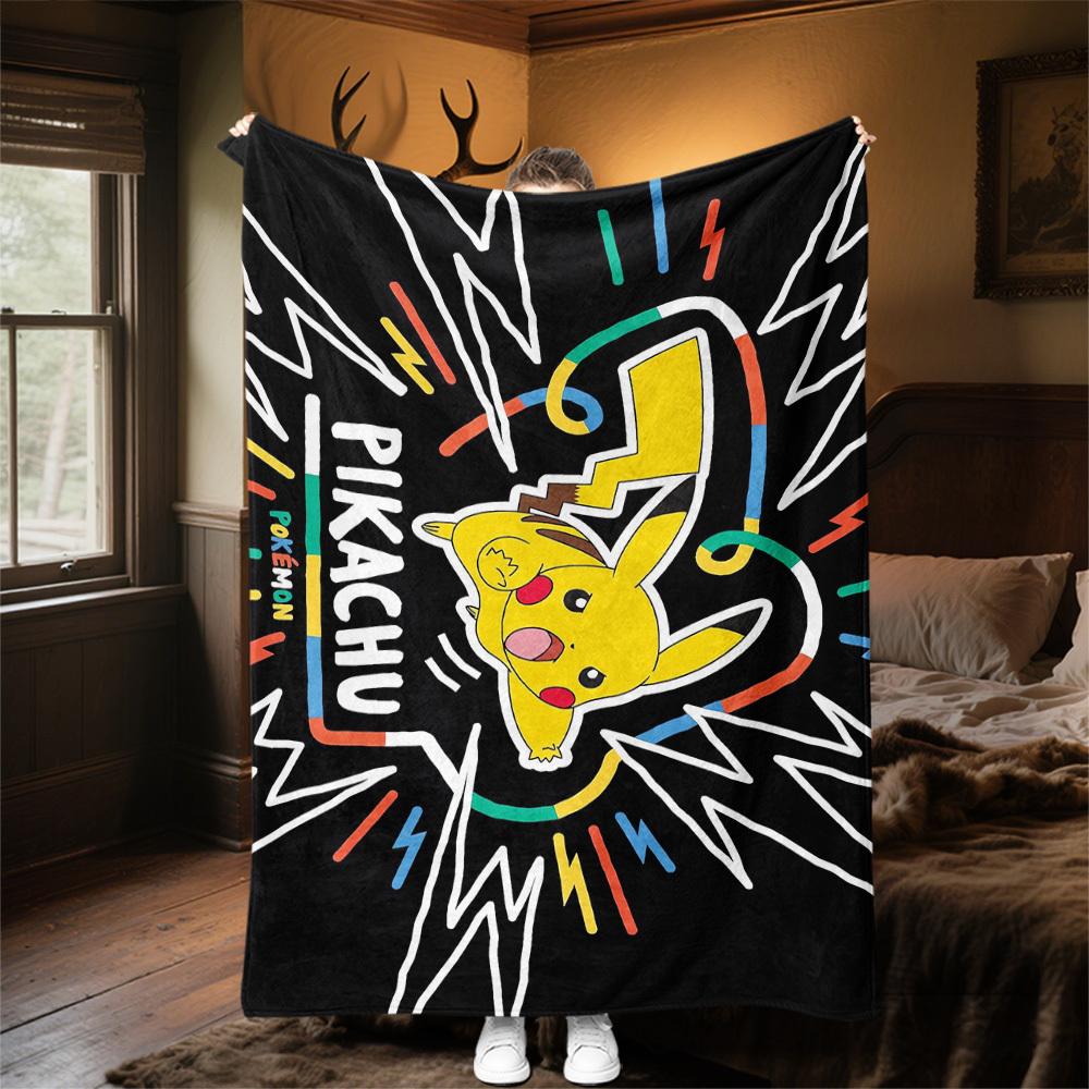 1pc Pikachu Electric Theme Design Flannel Blanket - 3D Printed Soft Warm, All-Season Lightweight Throw for Camping Travel Bed-080734