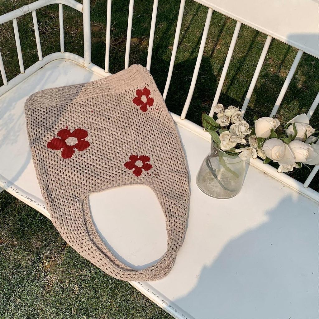 Crochet Handbag Women's Aesthetic Handbag Light Brown with Red Flowers 38*60CM