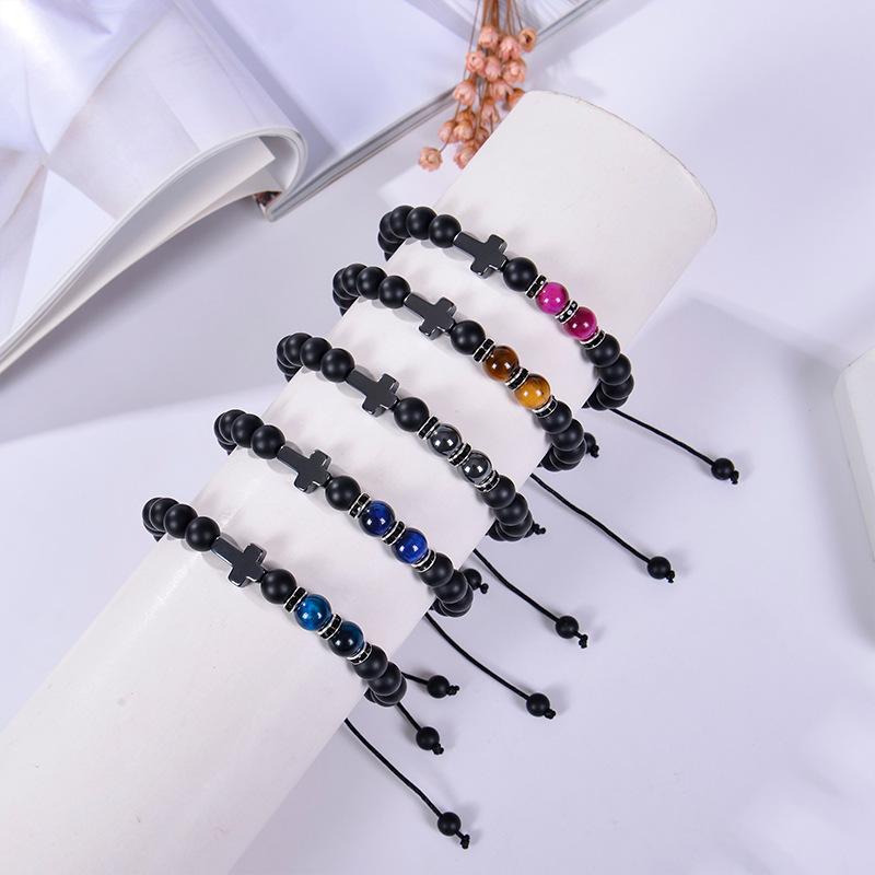 Charm Natural Stone Bracelet Cross Black Lava Matte Beaded Bracelets Handmade Men Women Prayer Fitness Chain Couple  Gift
