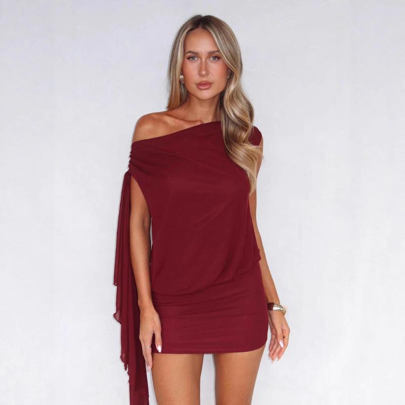 

Sexy new women s clothing European and American style irregular single shoulder backless sleeveless diagonal neck streamer dress L бордовий