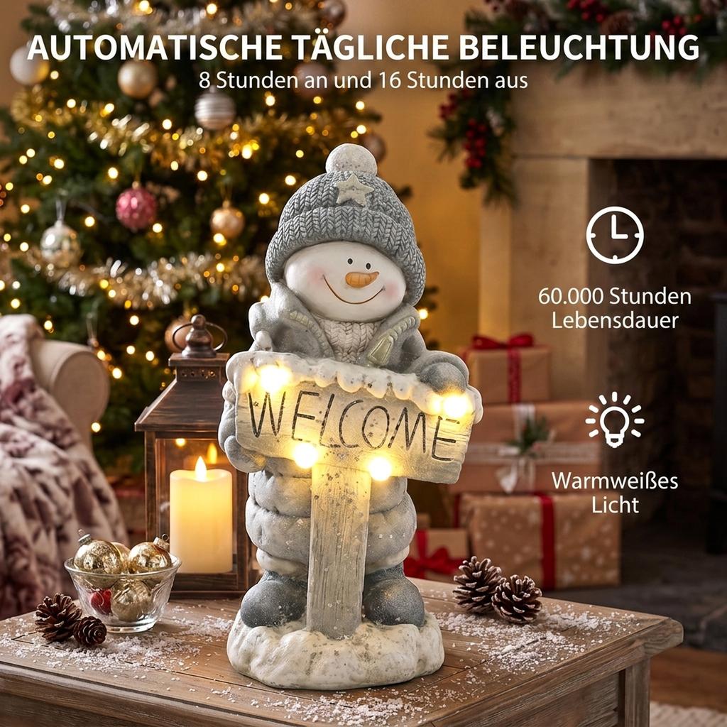 Christmas Decoration Snowman Figure, Illuminated Christmas Statue made of MGO with Welcome Sign, LEDs and Daily Timer