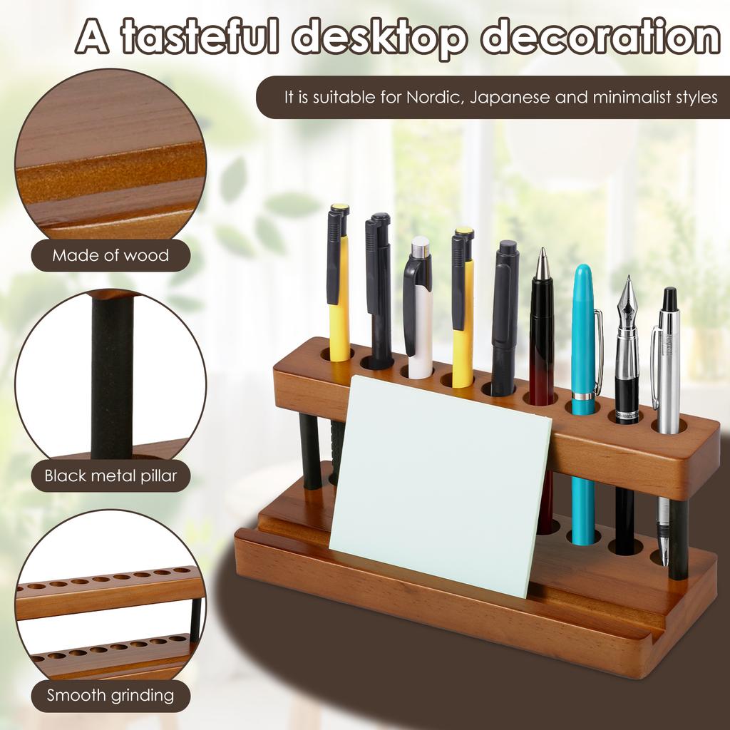 2Pcs Wooden Pen Holder with 9 Slots and Phone Holder Decorative Wood Pencil Organizer Pens Display Stand for Home Office Decor