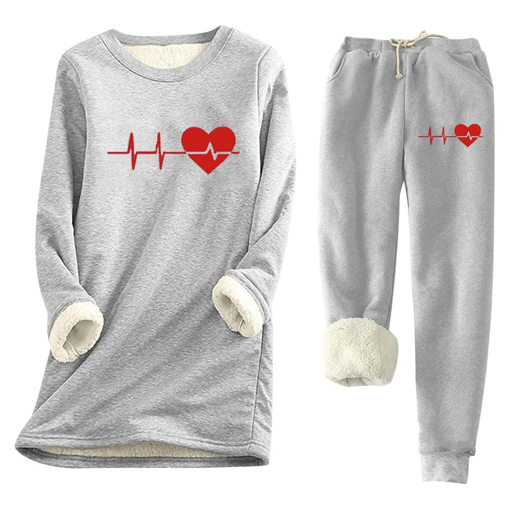 Women's Print Round Neck Warm Suit Long Sleeve Fleece Drawstring Sweatpants Two-Piece Set