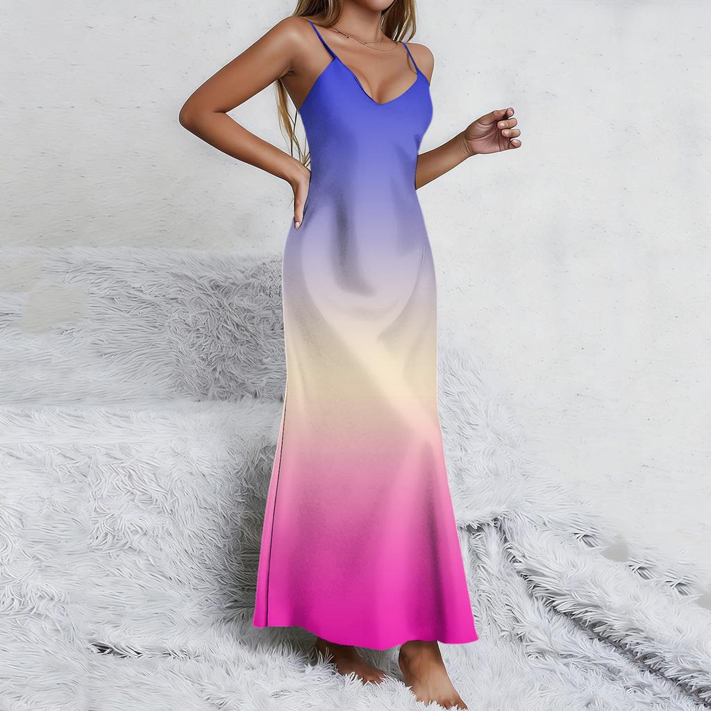 Maxi Abito Smanicato Sfumato con Spalline Sottili Regolabili Scollo a V Casual Vestibilità Larga Estivo Lungo