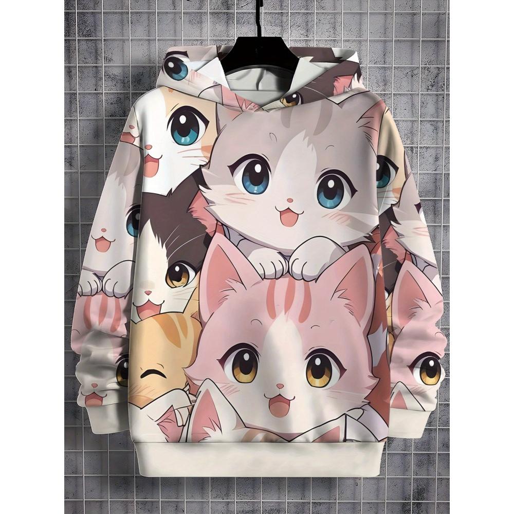 Girl Sweatshirt Pink Gradient Hoodie Cute Cat Print Spring Autumn Casual Pullover Long Sleeve Kids Clothing Top