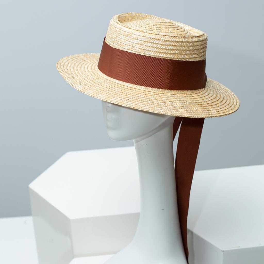 French Lace Ribbon Wheat Straw Hat Women summer Boater Beach Sun Cap Elegant Flat-Top Design with Wide Ribbon Bow Holiday Sunhat