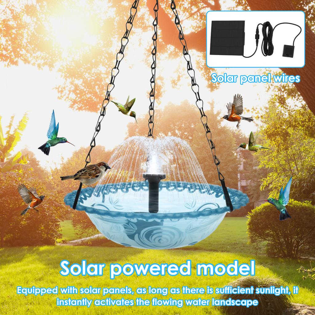 Solar Bird Bath Fountains Pump Plastic Outdoor Hanging Hummingbird Feeder Birdbath with Metal Hook Yard Patio Garden Decoration