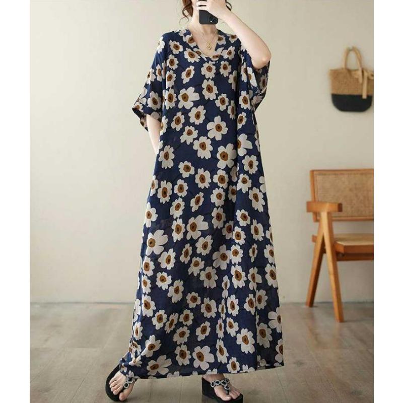 Women's V-Neck Floral Maxi Dress Short Sleeve Loose Boho Summer Dress