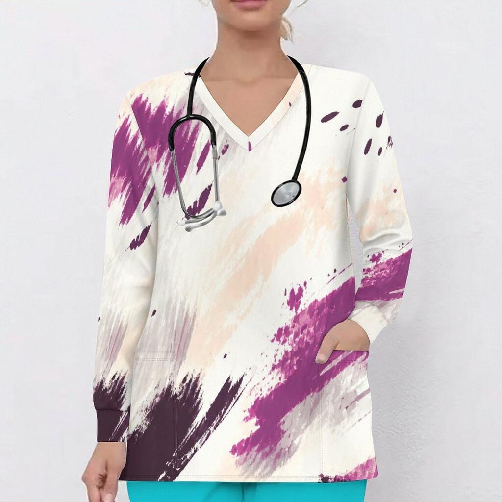 Women Plus Size Blue Marble Printed Nurse Scrub Top V Neck Long Sleeve With Pockets