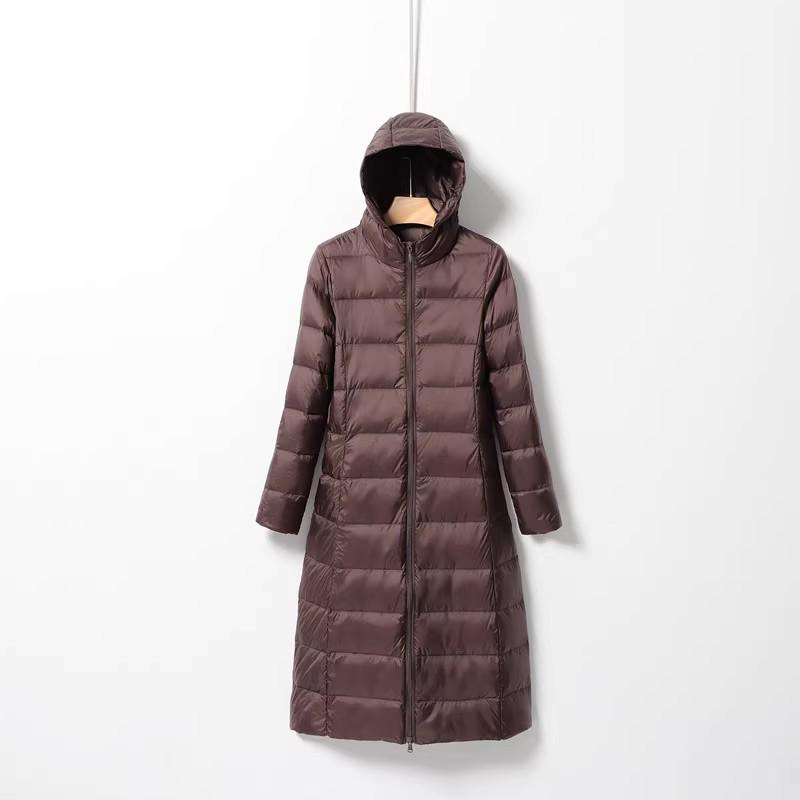 Women's Long Hooded Lightweight Down Jacket - Korean Style Slim Fit, Over-the-Knee