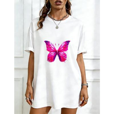 Übergroßes T-Shirt-Kleid Schwarz Rosa Schmetterlingsdruck Für Freizeitkleidung