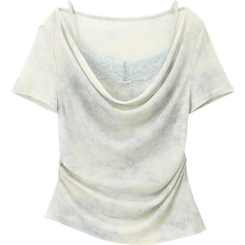 Women s Cowl Neck Tie-Dye Lace Trim T-Shirt S