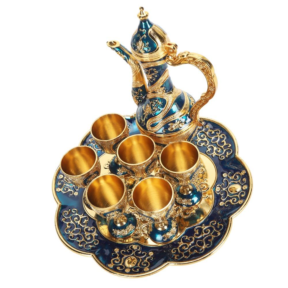 8pcs Gold Blue Vintage Tea Set Zinc Alloy Coffee Pot Cup Set Tea Pot Cup Set  For Home Decor