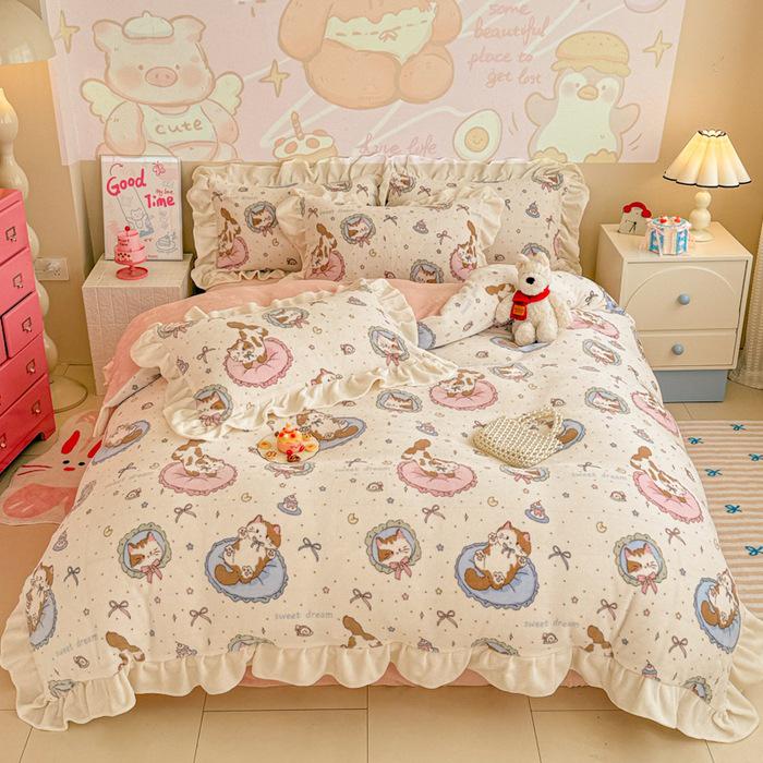 Floral Cartoon Milk Velvet and Lambswool Blanket Set - Thickened, Multifunctional Sofa Cover.