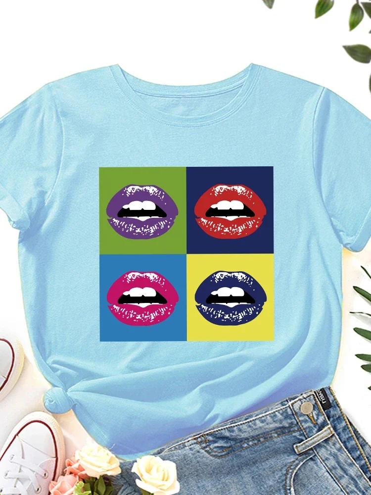 

Сексуальная клетчатая женская футболка с принтом губ, короткий рукав, O-образный вырез, свободная женская футболка, женская футболка, топы, Camisetas Mujer XXXL небесно-голубой