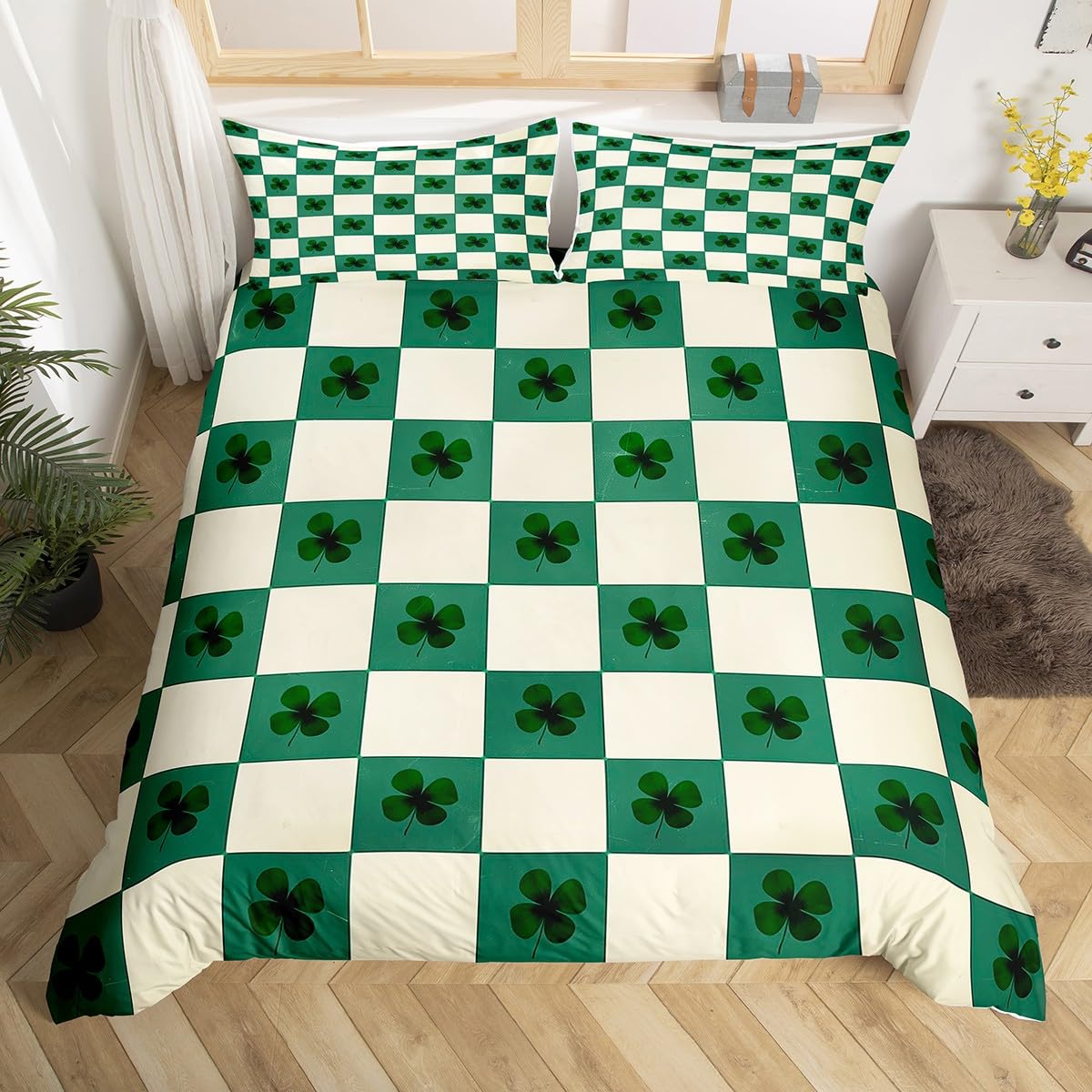 

St. Patrick S Day Duvet Cover Full Queen Spring Gnomes Comforter Cover 2/3 Pcs Green Botanical Leaves Flower Clover Bedding Set EU Single(135x200cm)