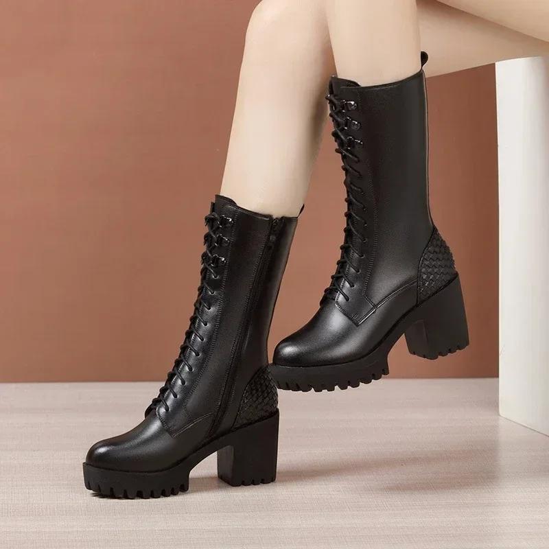 8cm 10cm Small Size 32-43 Genuine Leather Boots Womens Platform Shoes with Fur 2025 Block High Heels Mid Calf Boots Office Model