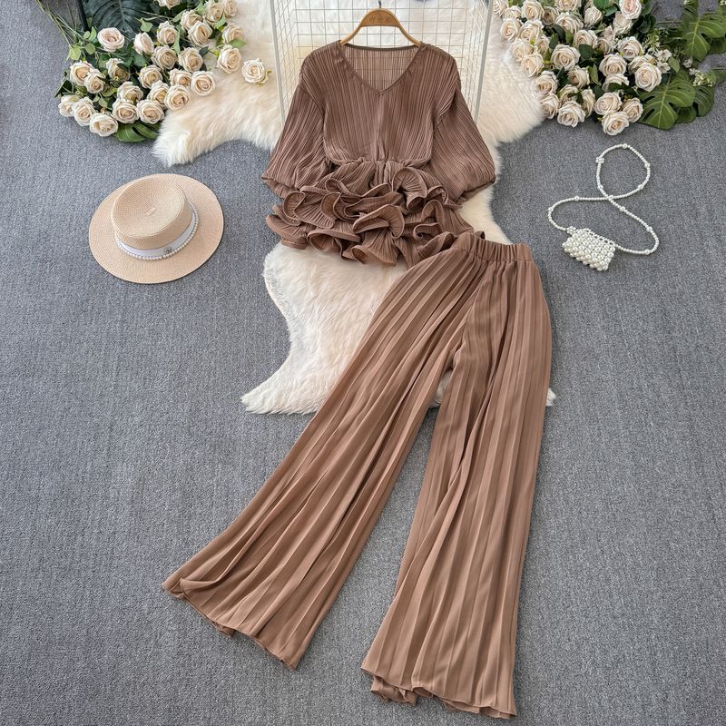 Fancy Adult Lady like Woman Women's Lightly Mature Waist Trimming Ruffles Ruched Puff Sleeve Top High Waist Wide Leg Suit