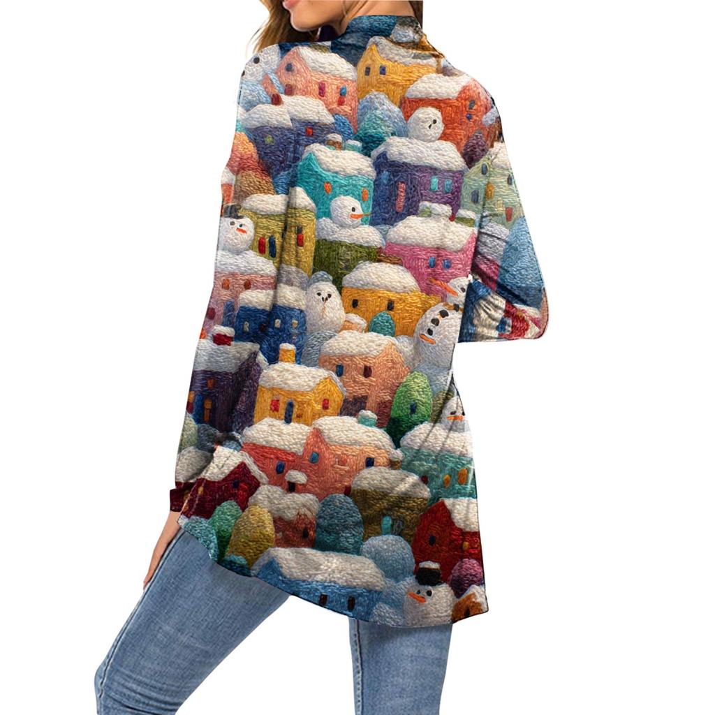 Dame Mote Juleprint Langermet Lomme Slank Passform Cardigan Kåpe