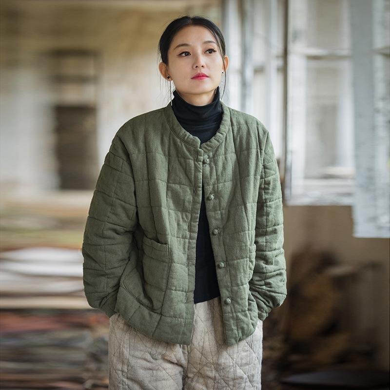 Women's New Style Winter Quilted Plaid Cotton Jacket: Fashionable Literary Short Ramie Coat