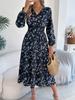 Women Elegant Floral V Neck Long Sleeve High Waist Ruffled A Line Long Dress