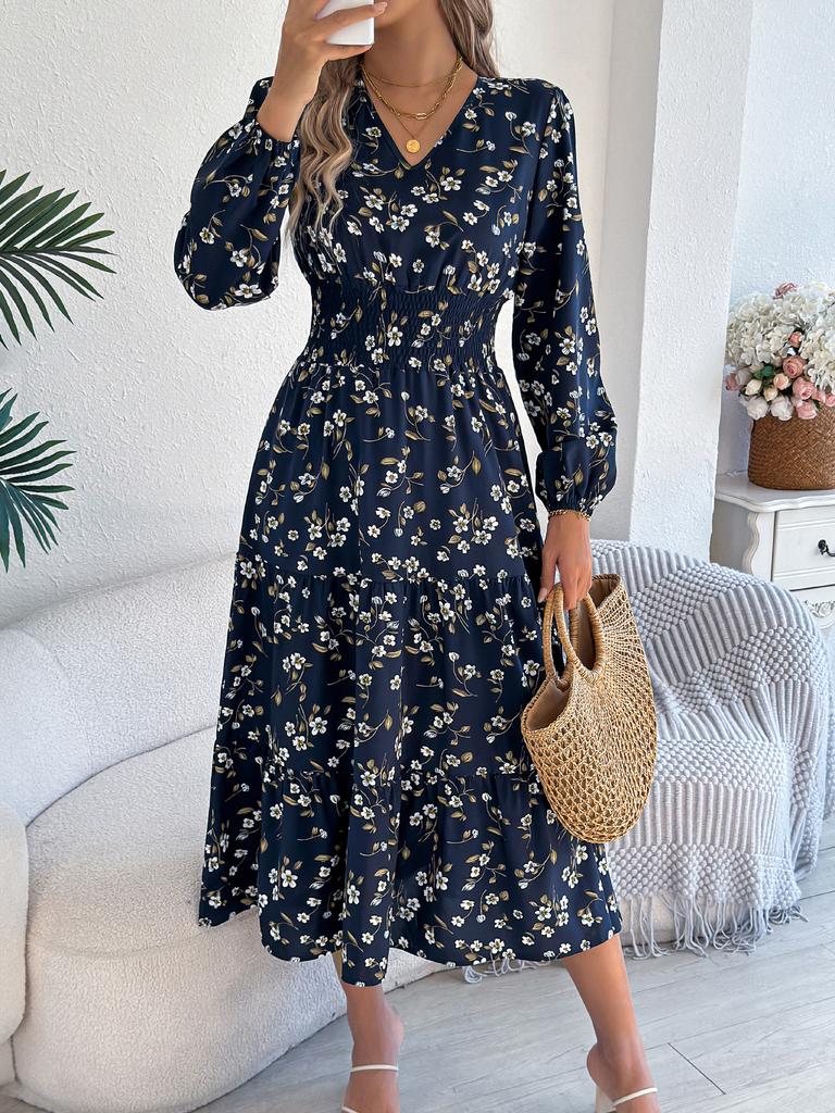 Women Elegant Floral V Neck Long Sleeve High Waist Ruffled A Line Long Dress