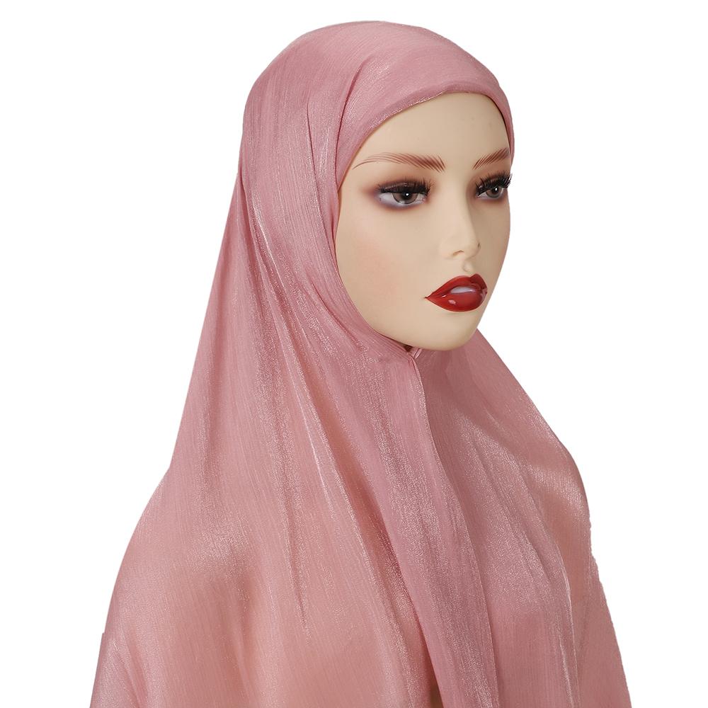 New Solid Color Glitter Hijabs 2Pcs With Undercap Muslim Ladies Soft Head Wrap Shimmer Satin Crepe Hijab Shawl