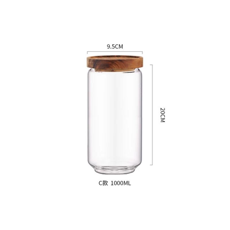Wood Lid Glass Airtight Canister Kitchen Storage Bottles Jar Sealed Food Container Tea Coffee Beans Grains Candy Jars Containers